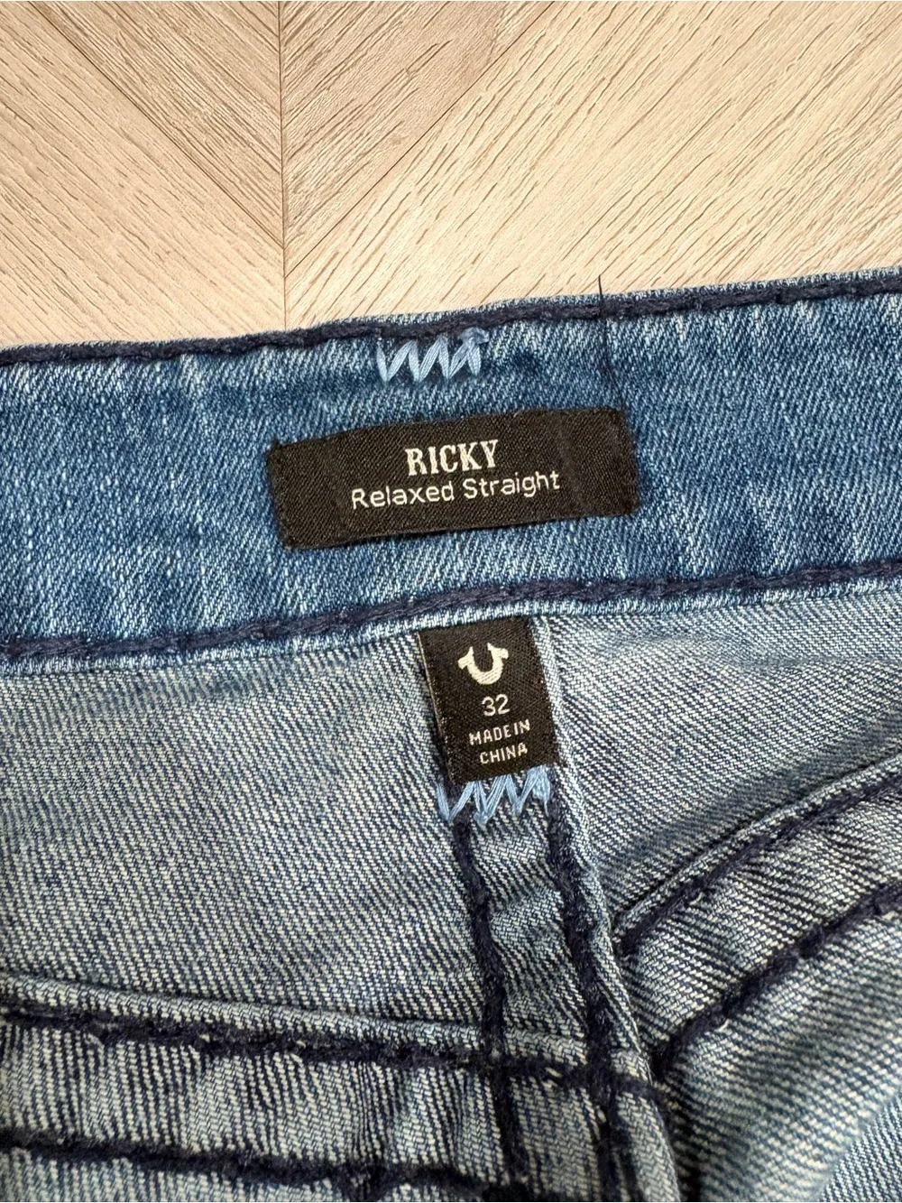 True Religion Light Wash Denim Jeans with Red Stitching